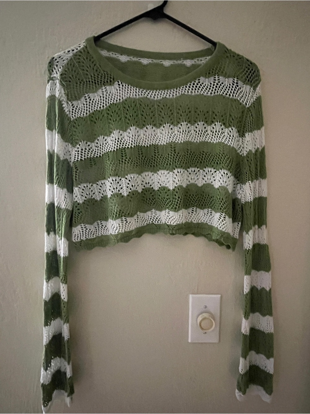 Striped Olive Green & White Crochet Crop Top - Women